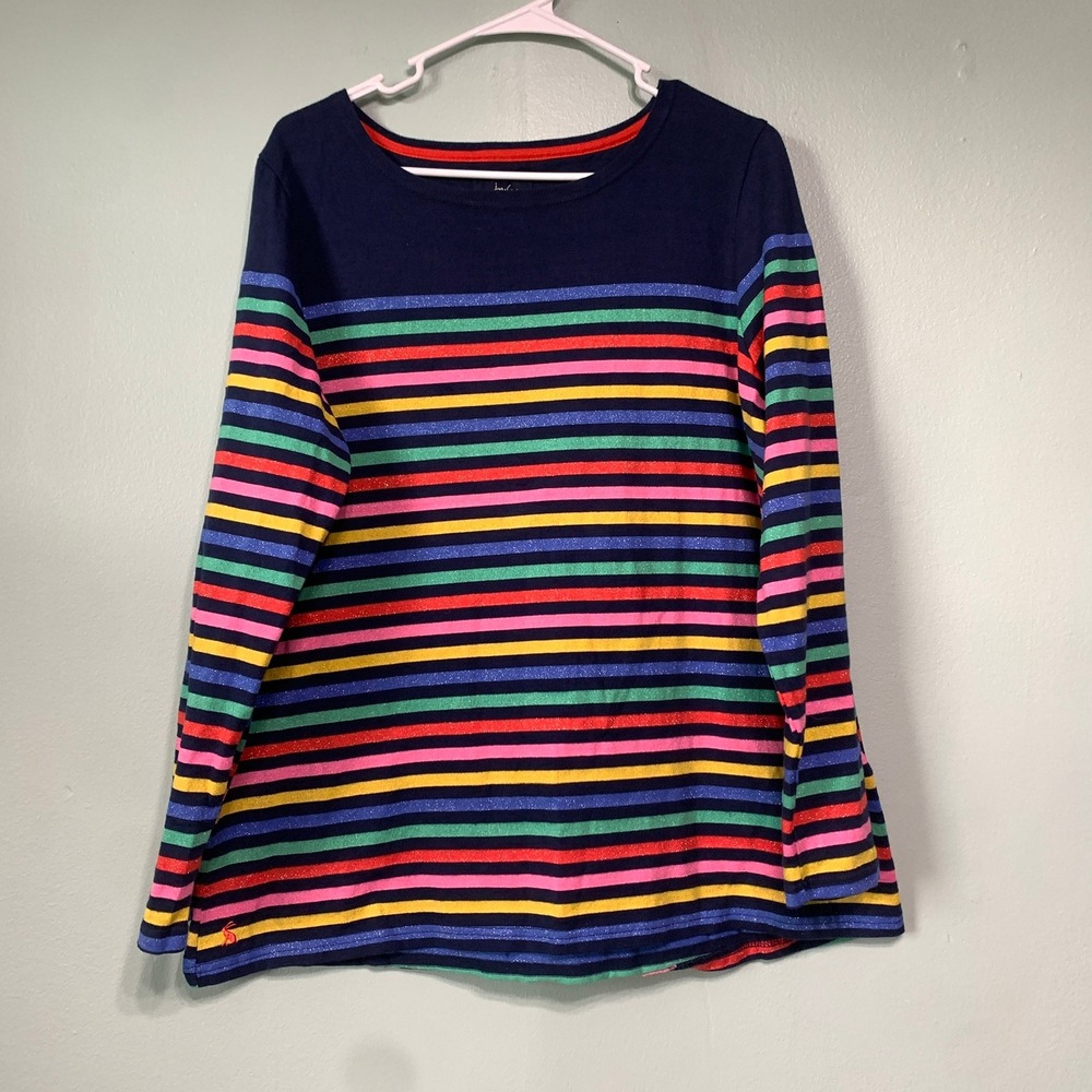 Joules‎ Womens 16 Harbour Shirt Rainbow Glitter Stripe Navy Blue Long Sleeve Tee